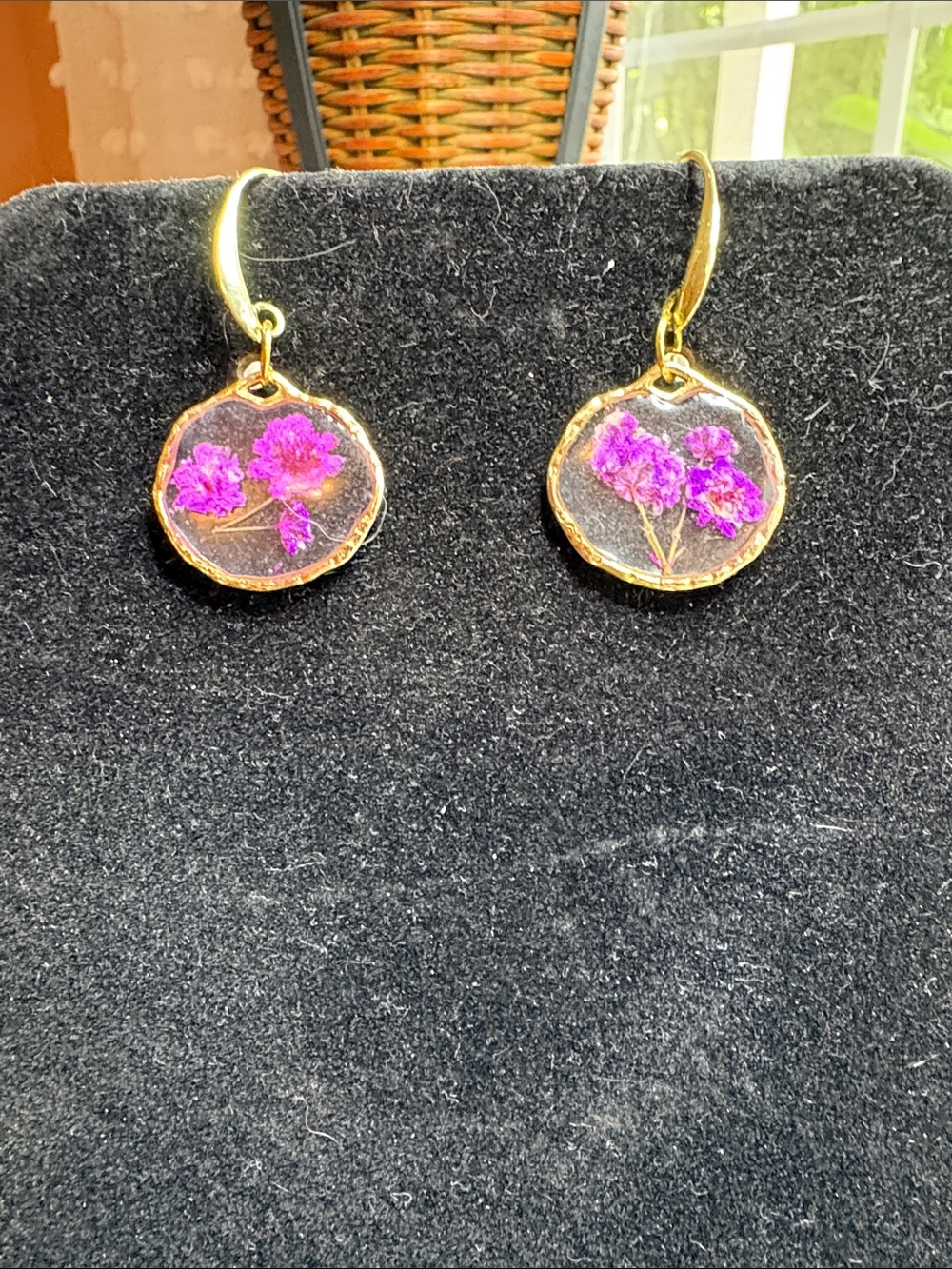 Gold Drop Earrings with Purple Pressed Flowers